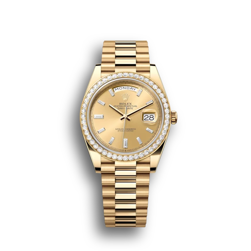 Super Clone Rolex Day-Date: 36 mm, Yellow gold, with a champagne colour, Diamond-set dial, Diamond-set bezel and a President bracelet, m228348rbr-0002