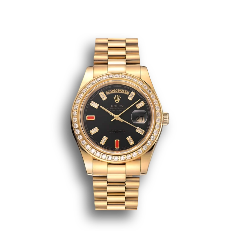 Super Clone Rolex Day-Date Diamonds And Rubies Black Dial Yellow Gold Bracelet 1454101