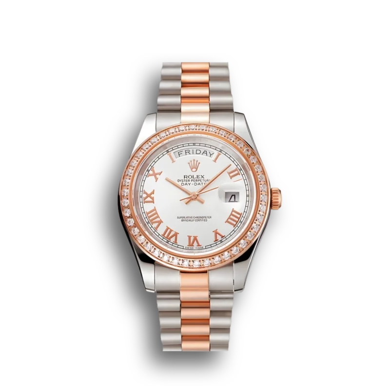 Super Clone Rolex Day-Date Diamonds Bezel White Dial Rose Gold And Staineless Steel Bracelet 1454108