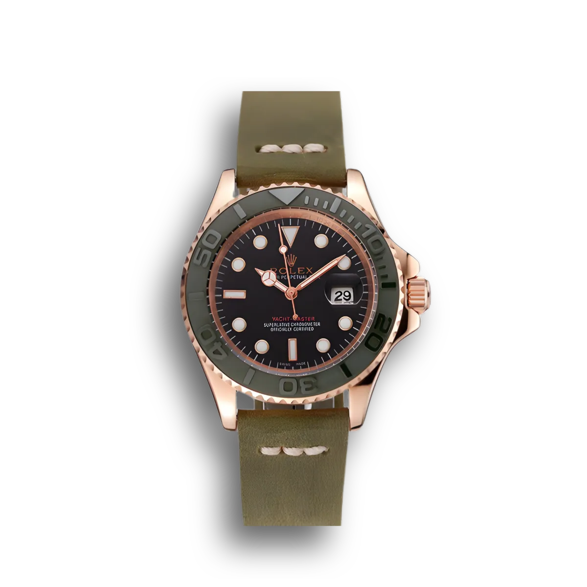 Rolex Yacht-Master Black Dial Green Bezel Rose Gold Case Green Leather Bracelet 1453862