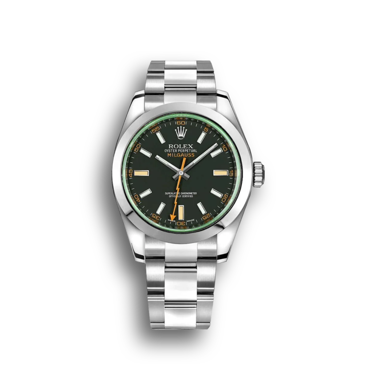 Super Clone Rolex Milgauss Black Dial Orange Markings Stainless Steel Case And Bracelet